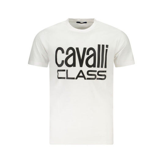 Cavalli Class White Cotton T-Shirt with short sleeves, crew neck, and logo print. Stylish and comfortable for casual wear.
