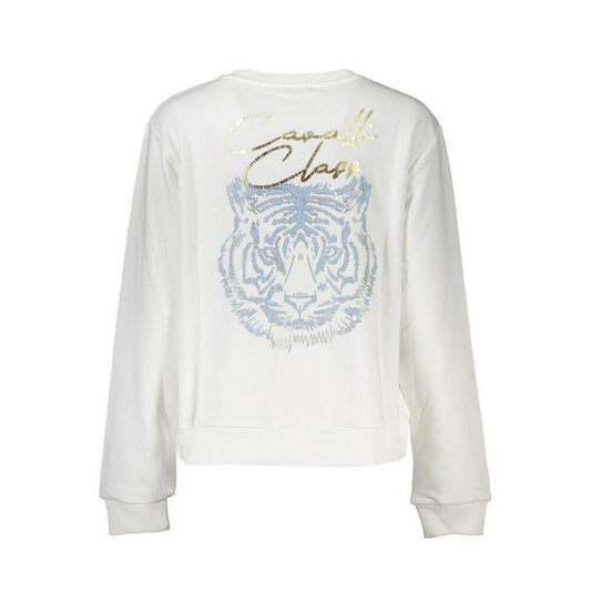 Cavalli Class White Cotton Sweater with round neck, long sleeves, and logo print featuring a tiger design.