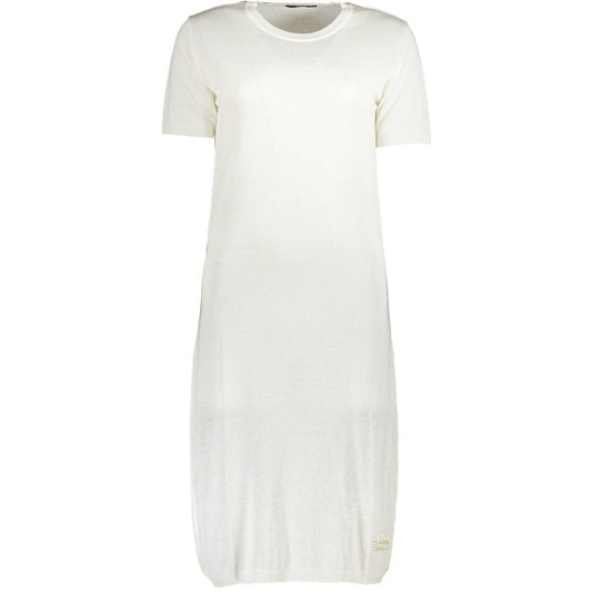 Cavalli Class White Viscose Women Dress with short sleeves, round neck, and intricate embroidery detailing.