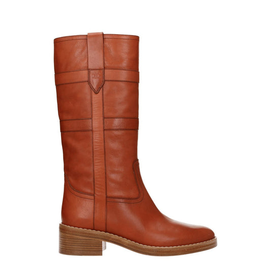 Celine Brown Leather Boots with vintage effect and side logo, featuring mid heels and round toe. Casual style, MPN 343913190C18NC.