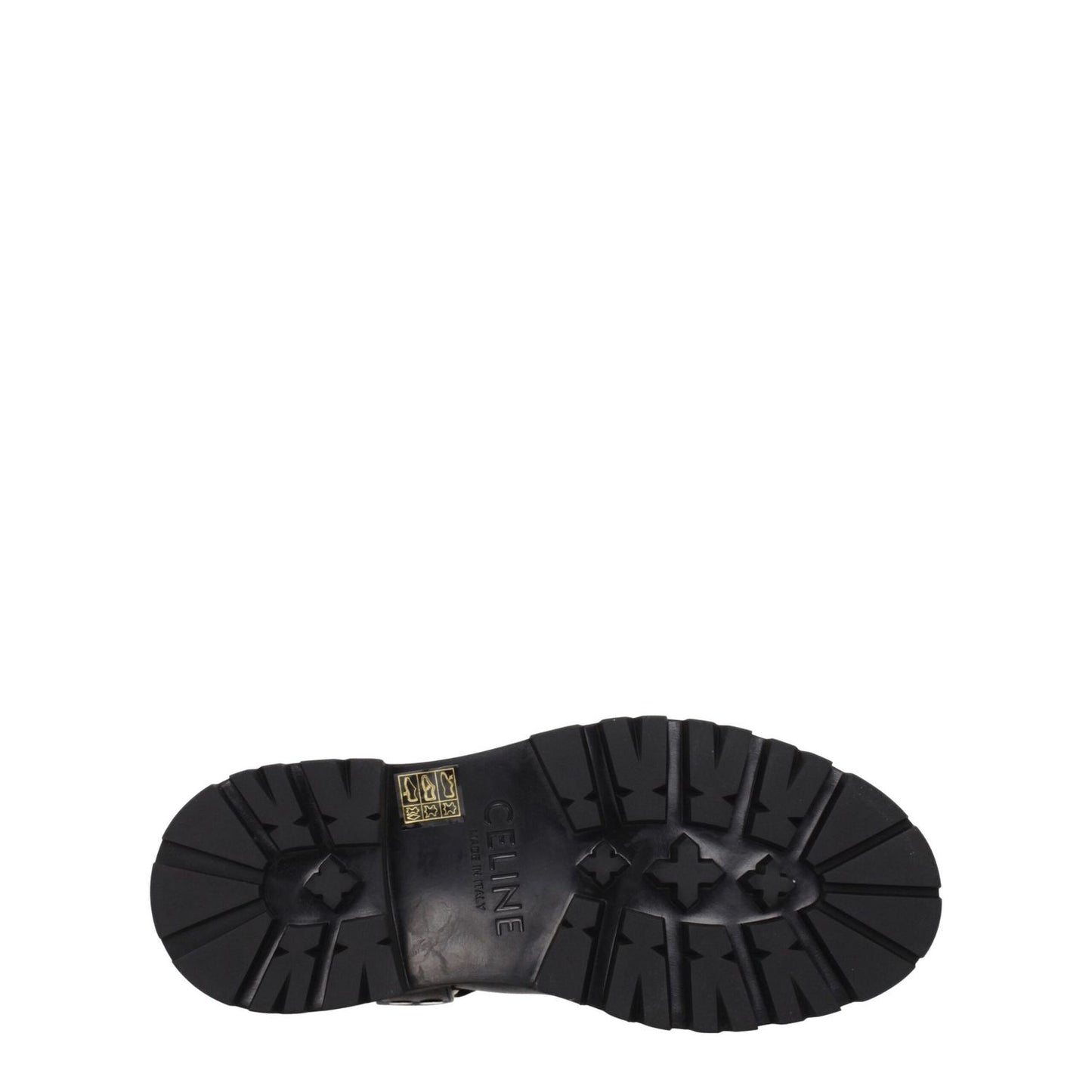 Sole view of Celine Gold Leather Ankle Boots with rubber sole and side logo detail.