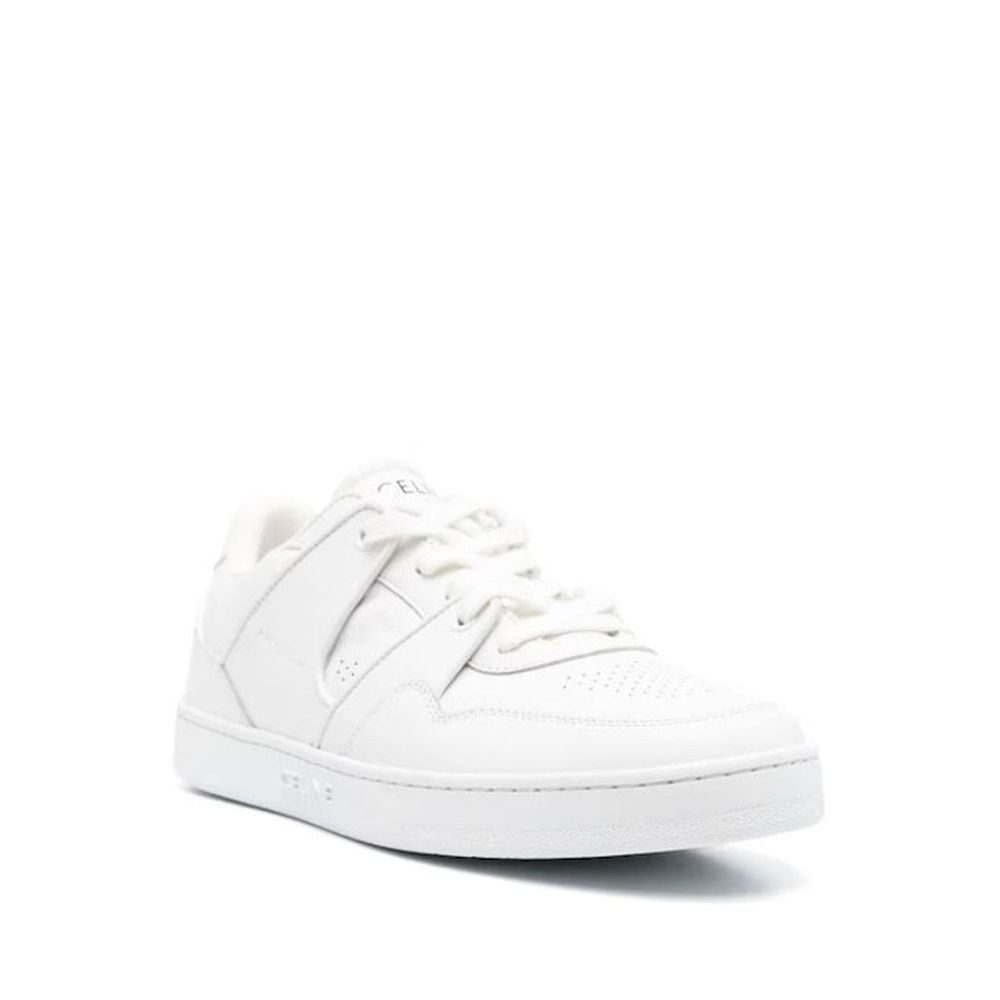 Celine White Calfskin Low Top Sneakers, men's white leather sneakers with rubber sole, round toe, lace-up, logo details, made in Italy.