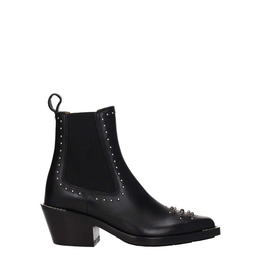 Chloé Black Leather Ankle Boots with studs and stones, square toe, mid heels, and rubber sole. Casual style, silver details, MPN CHC22W705AV001.