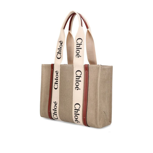 Chloé Chloe Woody Medium Tote Bag in linen with leather detail, featuring double shoulder straps and internal flat pocket. Made in Italy.