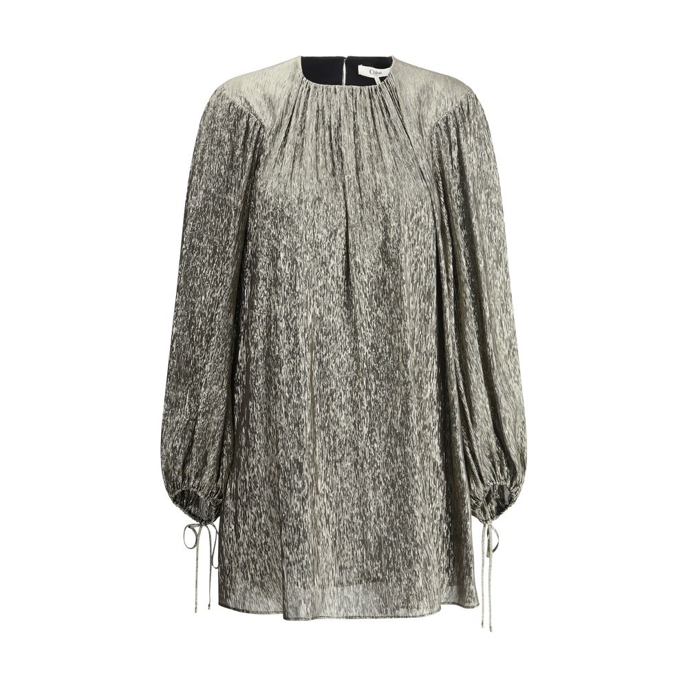 Chloé Gold Silk Cocktail Dress with puff sleeves and back button closure, perfect for evening elegance, SS25 collection.