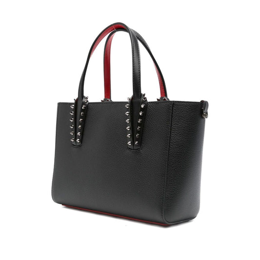 Alt Tag: Christian Louboutin Cabata mini leather tote bag with black spiked stud embellishment and flat top handles