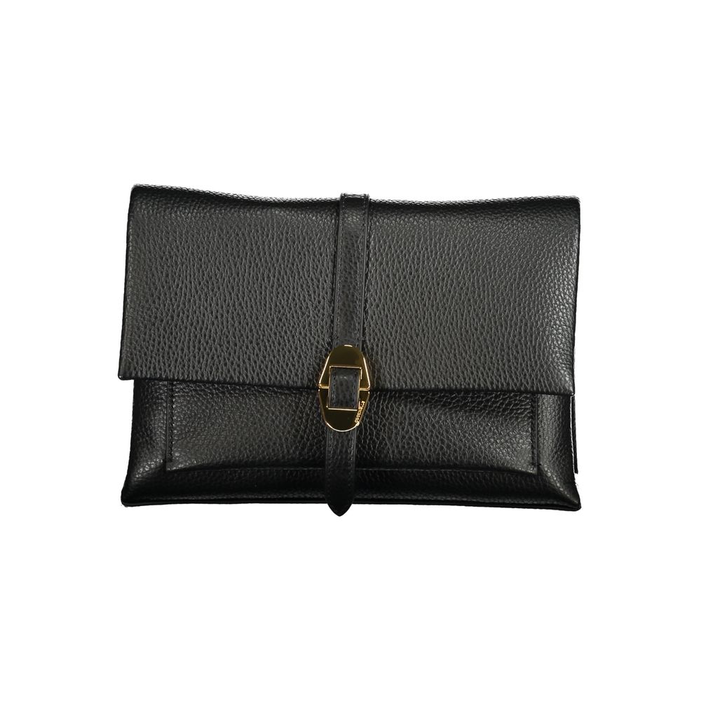 Coccinelle Black Leather Handbag with gold buckle, Dorian bag style, featuring adjustable strap and multiple internal pockets.