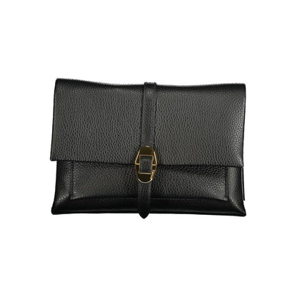 Coccinelle Black Leather Handbag with gold buckle, Dorian bag style, featuring adjustable strap and multiple internal pockets.