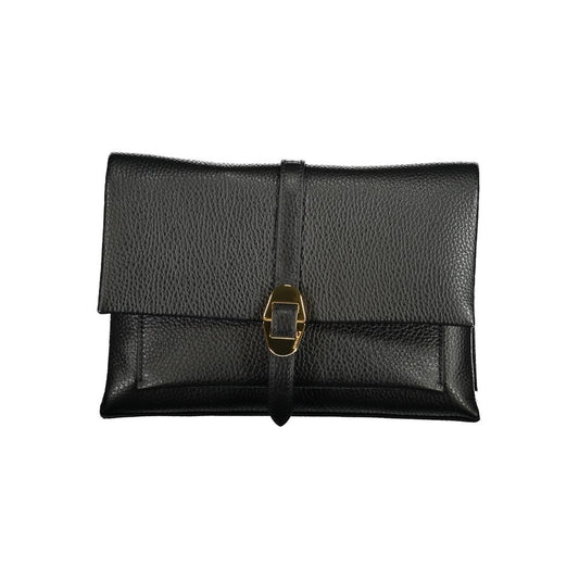 Coccinelle Black Leather Handbag with gold buckle, Dorian bag style, featuring adjustable strap and multiple internal pockets.