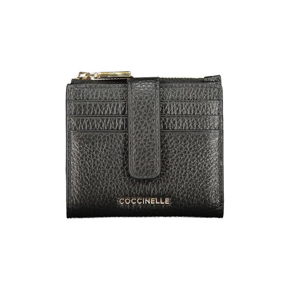 Coccinelle Black Leather Women Wallet with card slots and coin purse, featuring high-shine finish and iconic brand logo.