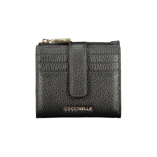 Coccinelle Black Leather Women Wallet with card slots and coin purse, showcasing high-shine Italian craftsmanship.