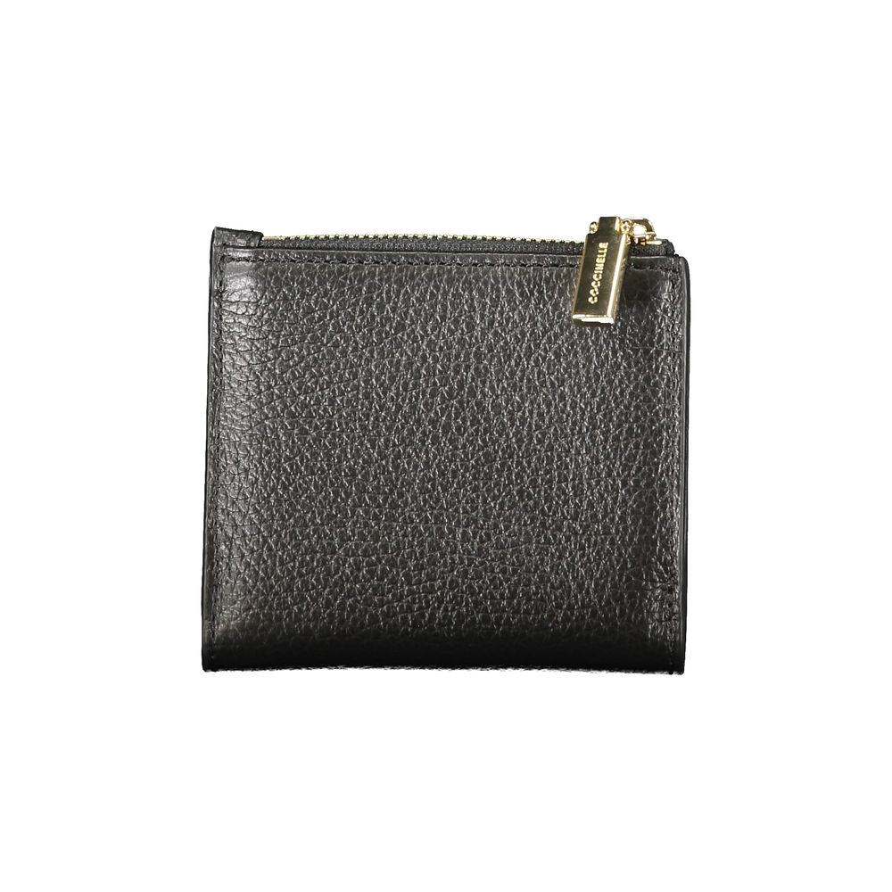 Coccinelle Black Leather Women Wallet with a glossy texture and secure zip closure, showcasing fine Italian craftsmanship.