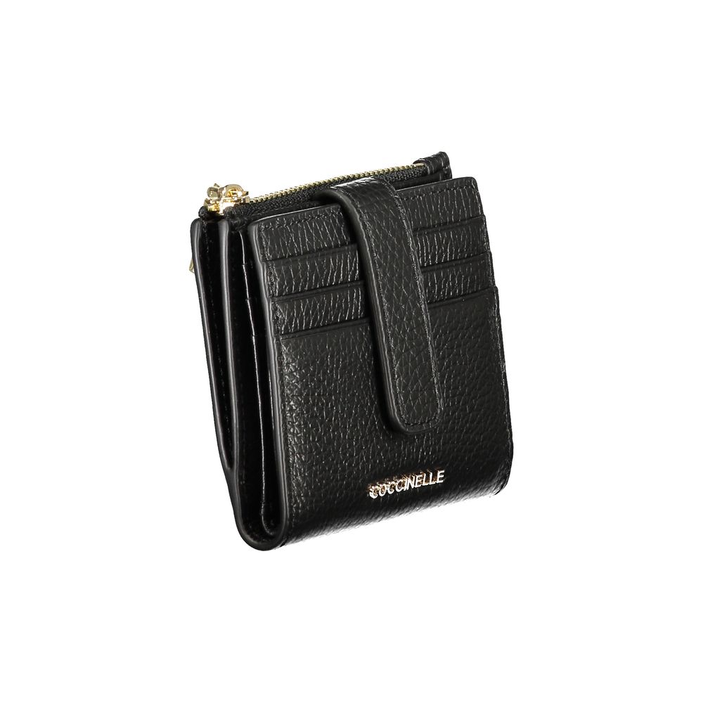 Coccinelle Black Leather Women Wallet with card slots and shiny logo, showcasing Italian craftsmanship and sleek design.