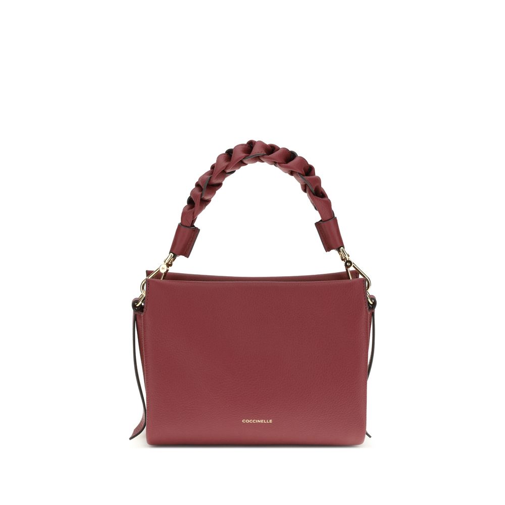 Coccinelle Bordeaux Calf Leather Bos Taurus Shoulder Bag with braided handle and versatile strap, elegant garnet leather handbag
