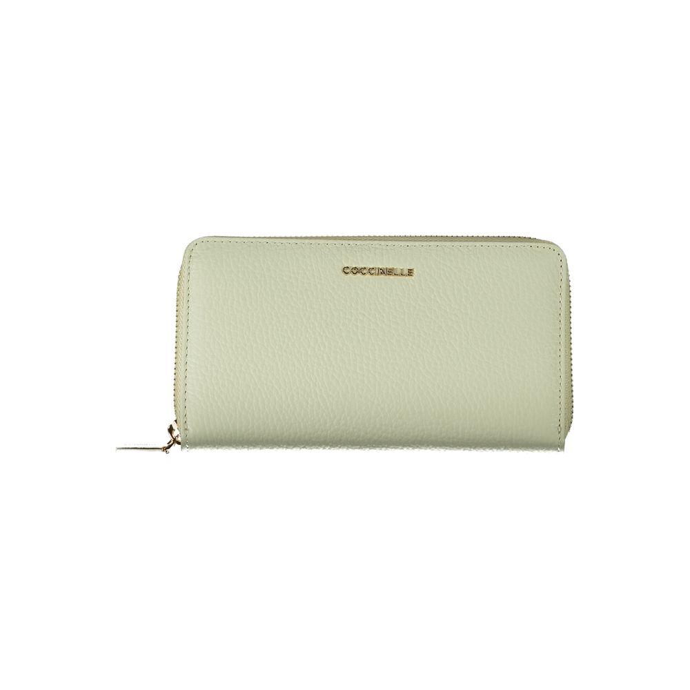 Coccinelle Green Leather Wallet with zip closure, 5 compartments, coin purse, and card spaces, featuring the Coccinelle logo.