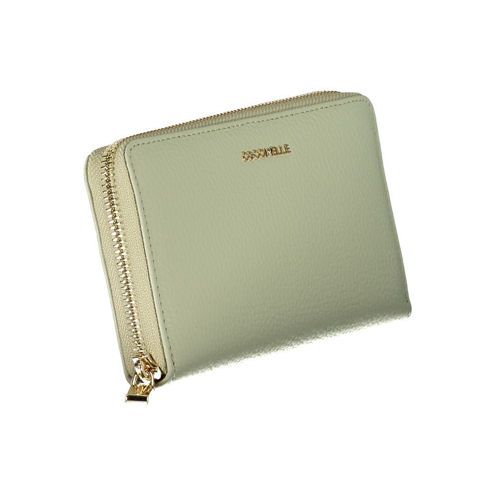 Coccinelle Green Leather Wallet with zip closure, 5 compartments, coin purse, and card spaces featuring the logo