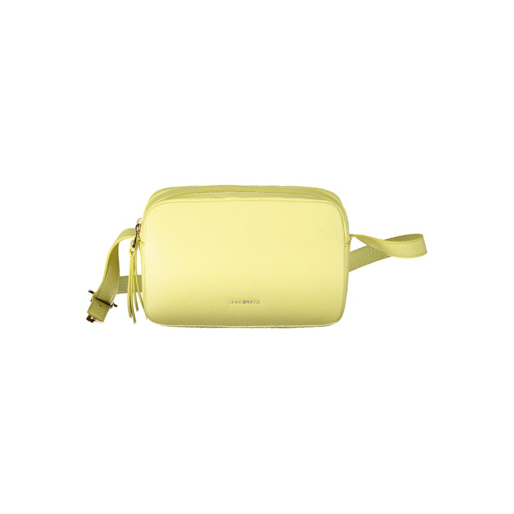 Coccinelle Yellow Leather Handbag with adjustable shoulder strap, two compartments, and zip closure showing brand logo.