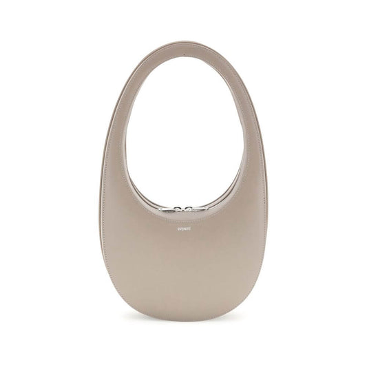 Coperni Beige Leather Shoulder Bag with unique hobo silhouette and adjustable strap, featuring a contrasting monogram plaque on the front.