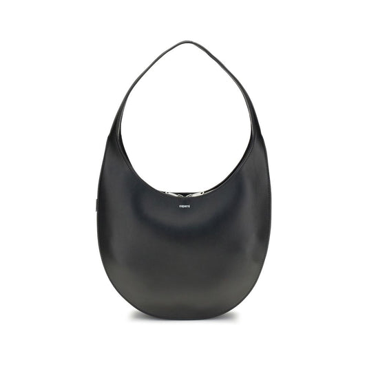 Coperni Black Leather Shoulder Bag with fluid hobo silhouette and futuristic two-way zip closure, AW25 model.