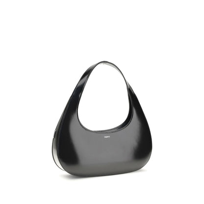 Coperni Black Leather Swipe Baguette Shoulder Bag with sleek curved design and matte finish.