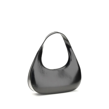 Coperni Black Leather Swipe Baguette Shoulder Bag with matte finish, elegant curved design, ideal for everyday wear.