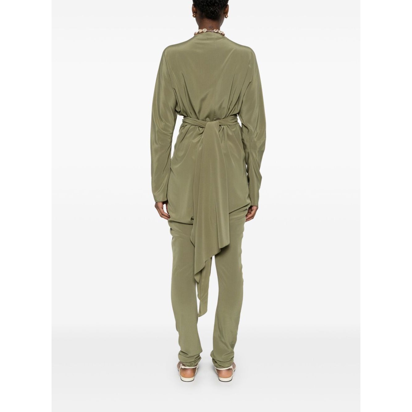 Back view of Cortana Cortana Serp Silk Jumpsuit in olive green with tied waist, V-neck, and long sleeves, showcasing the draped design.