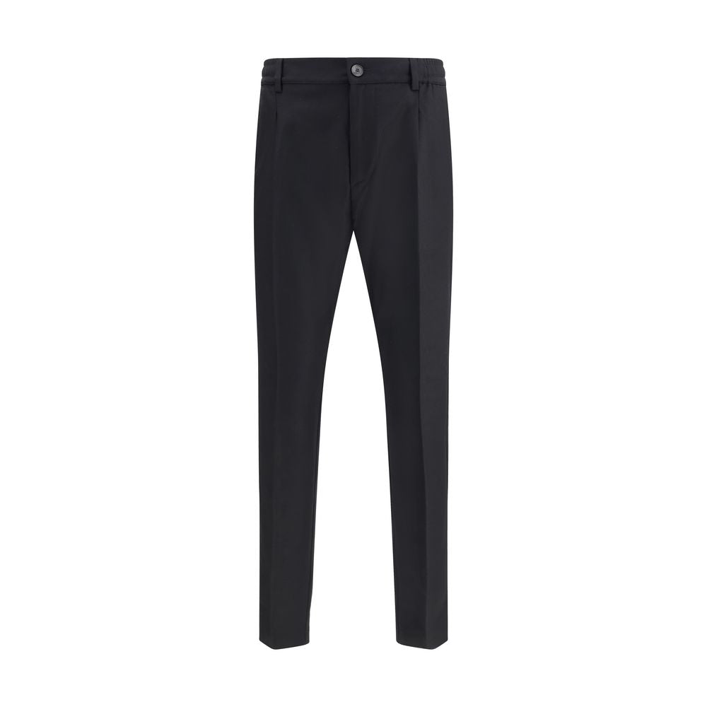 Cruna Black Fleece Wool Dress Pants with elasticized waist, adjustable drawstring, and straight-leg silhouette for elegant comfort.