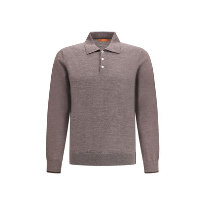 Cruna Gray Wool Sweatshirt with ribbed collar, cuffs, and hem showcasing a three-button front closure for a sophisticated yet relaxed look.