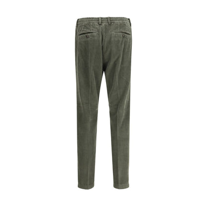 Back view of Cruna Green Cotton Casual Pants, showcasing slim cut and corduroy texture, ideal for cool seasons.