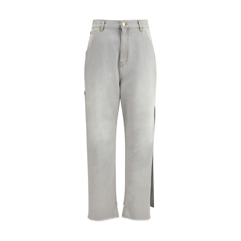 Darkpark Gray Cotton Relaxed Fit Jeans with gold hardware and frayed hemline, featuring five pockets and matching belt.