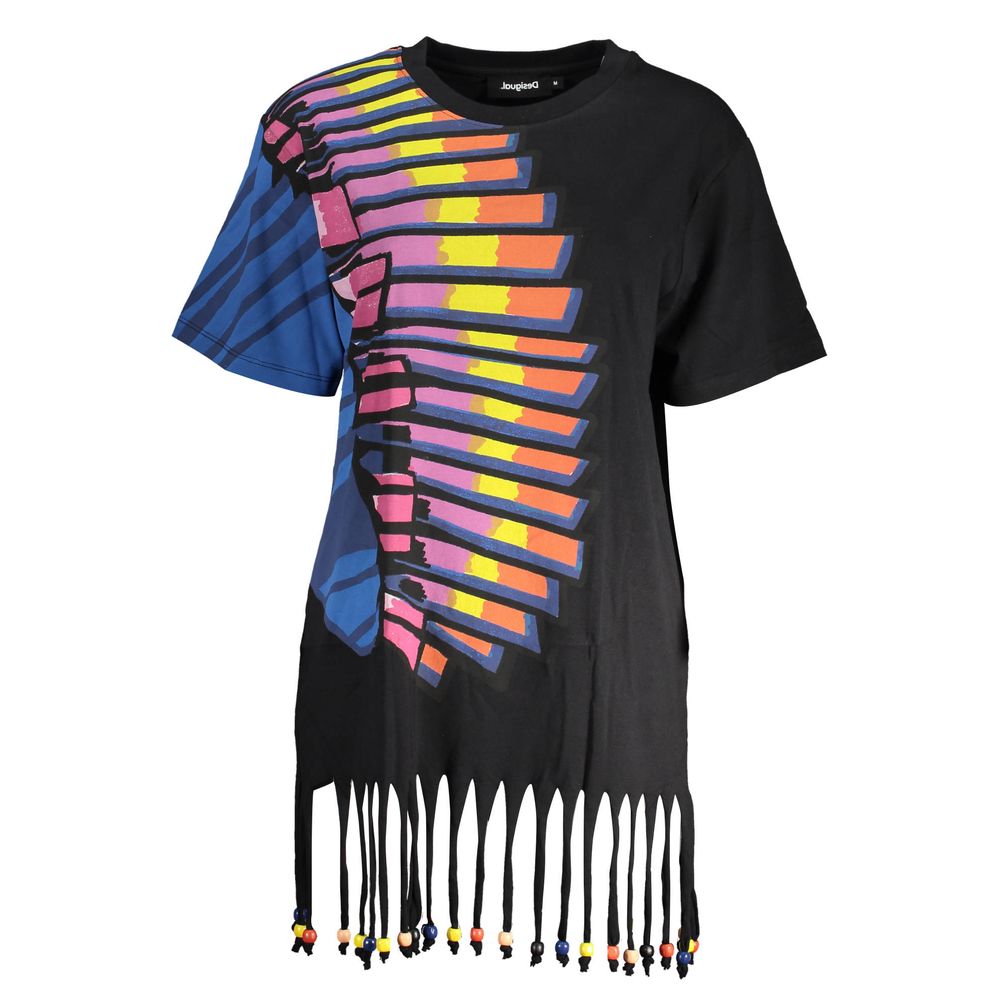 Desigual Black Cotton Women Dress with vibrant print and fringe detail.