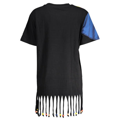 Desigual Black Cotton Women Dress with fringe details and colorful sleeve accents