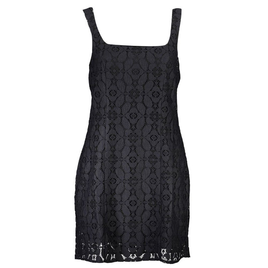 Desigual Black Polyester Women Dress with square neckline and sleeveless design, featuring intricate lace pattern and back zipper.