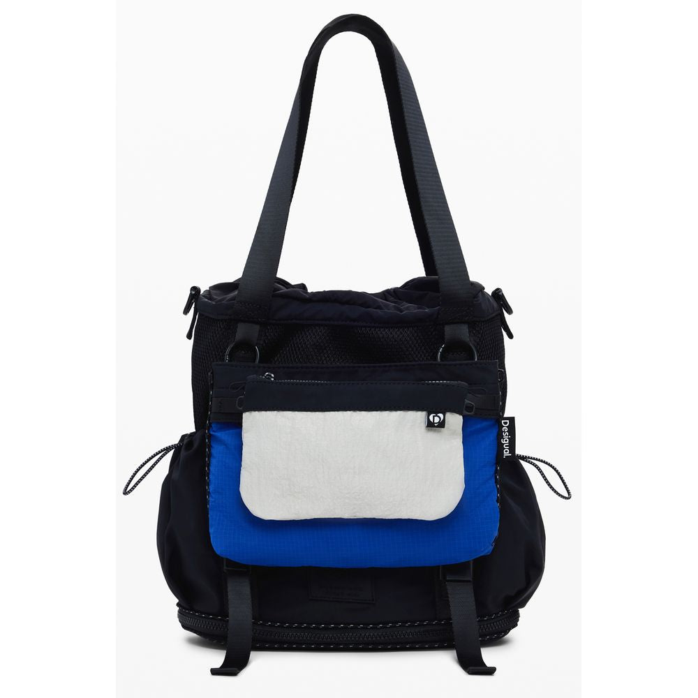 Desigual Black Polyester Women Handbag with blue and white front pouch, sleek design, and adjustable straps for versatile use as handbag or backpack.