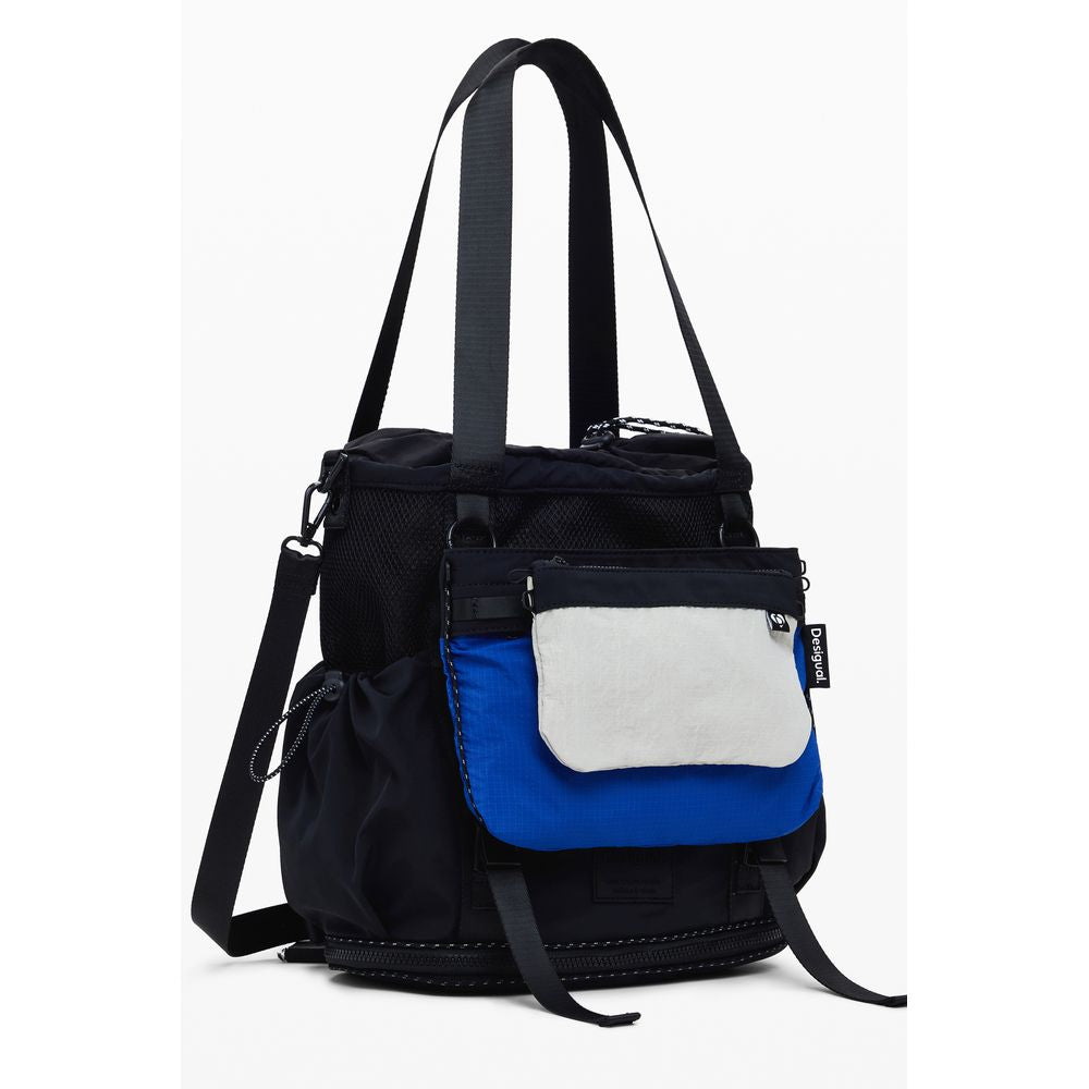 Desigual Black Polyester Women Handbag with blue and white front pouch, adjustable straps, and multiple pockets for versatile style.