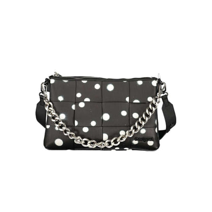 Desigual Black Polyethylene Handbag with polka dots, chain shoulder handle, and adjustable strap, featuring multiple compartments.