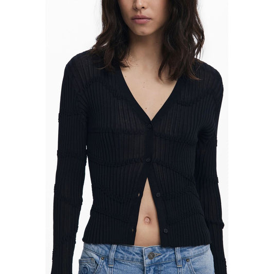 Desigual Black Viscose Women Cardigan with V-neck, chic buttons, and iconic logo for trendy style and comfort.