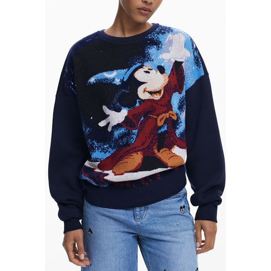 Desigual Blue Cotton Women Sweater featuring whimsical Mickey print and vibrant design.