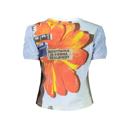 Back view of Desigual Blue Cotton Women T-Shirt with bold floral print and "Everything is Gonna Be Alright" text.