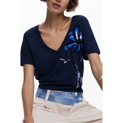 Desigual Blue Cotton Women T-Shirt with V-neck and floral print, featuring the iconic Desigual logo, perfect for bold and stylish looks.