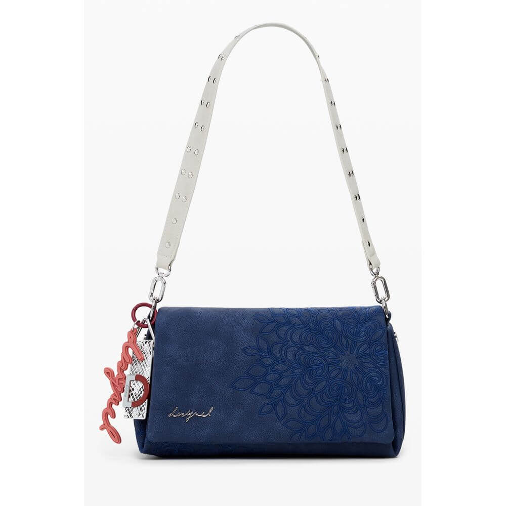 Desigual Blue Polyethylene Women Handbag with floral embroidery, white handle, and red charm; versatile style with pockets for organization.