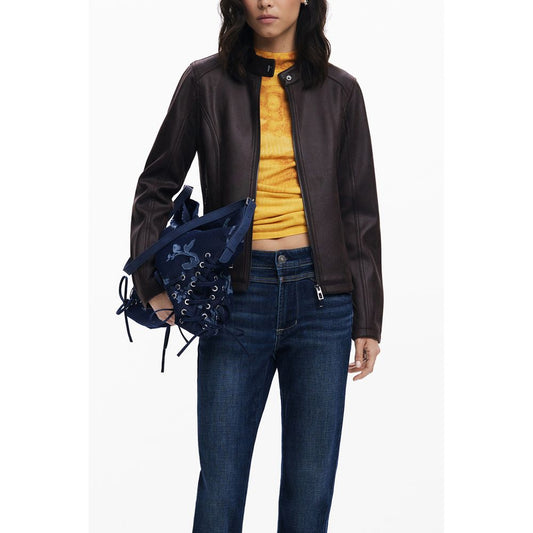 Desigual Brown Polyester Women's Jacket with contrasting detail and zip closure, showcasing bold sophistication and fashion-forward design.