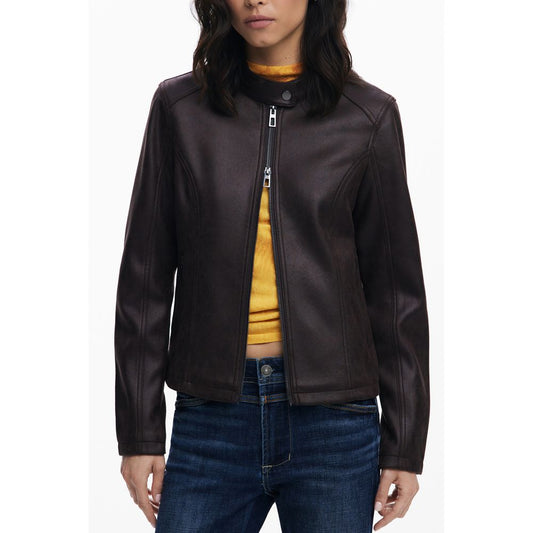 Desigual Brown Polyester Women's Jacket with zip closure and contrasting details shown on a woman, epitome of sophistication.