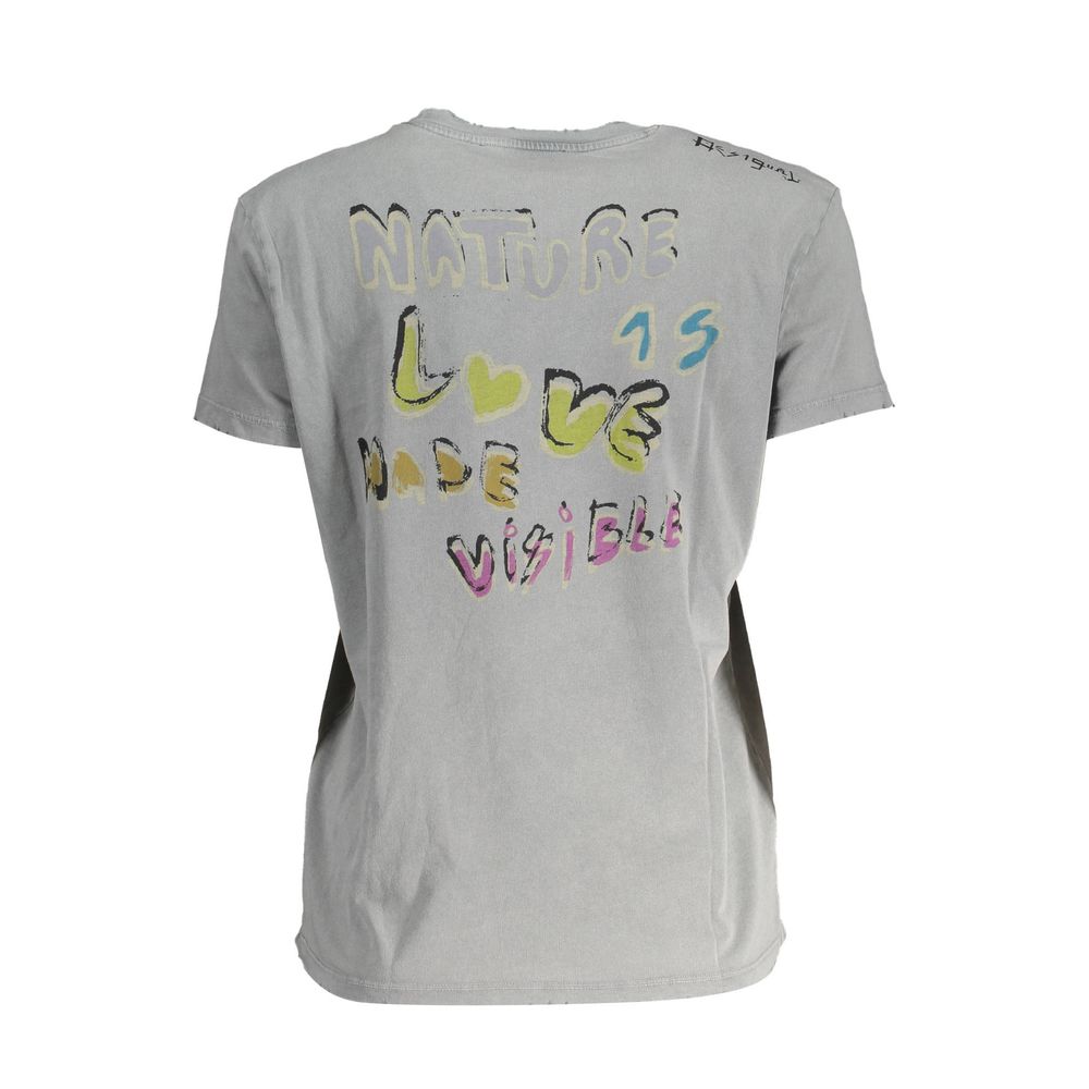 Alt Tag: Back view of Desigual Gray Cotton Women T-Shirt with colorful text design featuring 'Nature Love is Made Visible' print and logo.