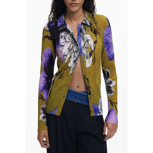 Desigual Green Polyester Women Shirt with bold floral pattern and open front design, perfect for a modern and vibrant fashion statement.