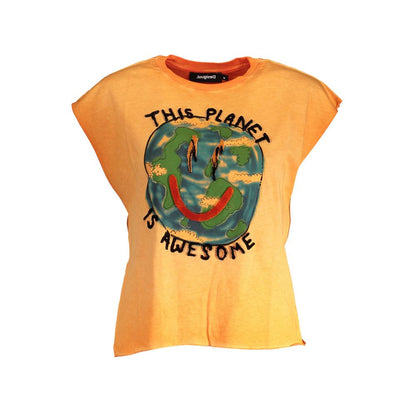 Desigual Orange Cotton Women T-Shirt with bold print and contrasting details, showcasing unique style and comfort.