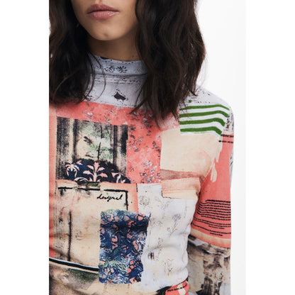Desigual Pink Viscose Women Sweater with bold patterns and turtleneck, featuring the Desigual logo, perfect for vibrant fashion statements.