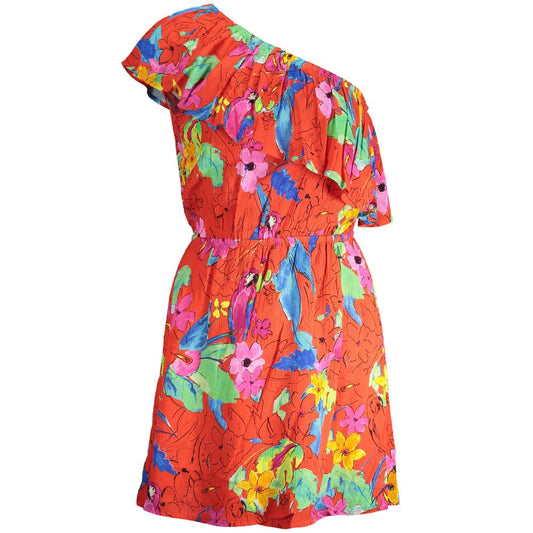 Desigual Red Viscose Women Dress, one-shoulder design, with floral print, elastic waist, and vibrant colors for a bold fashion statement.