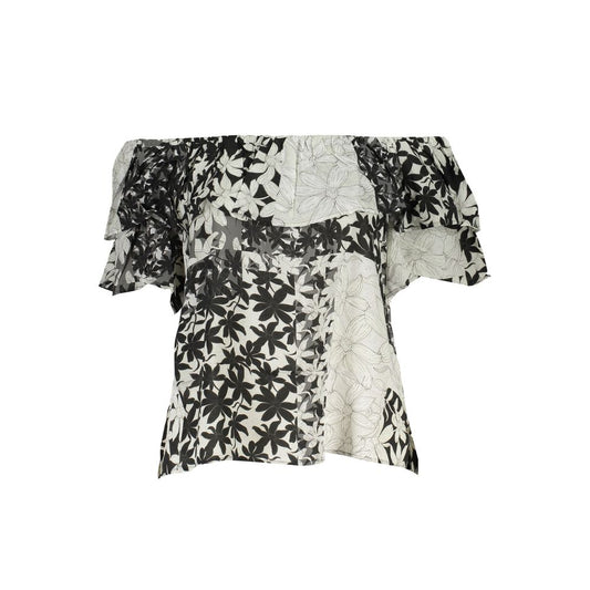Desigual White Cotton Women T-Shirt with black floral pattern, boat neck, and short sleeves, showcasing unique high-street fashion style.