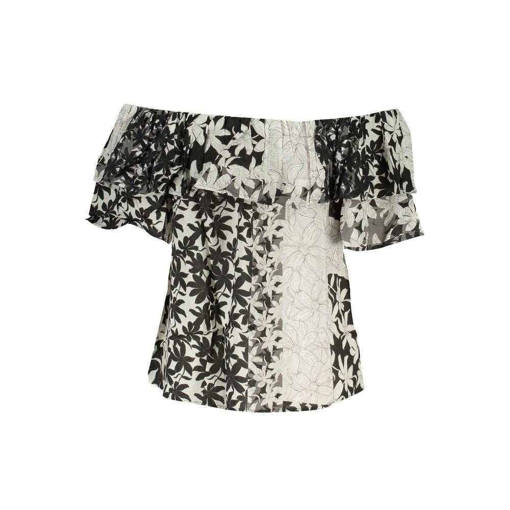 Black and white floral off-shoulder top with ruffled sleeves for women